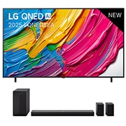 Vooraanzicht van 75 inch LG QNED8E AI 4K Smart TV 2025 & DS70TR 5.1.1-kanaals 75QNED8EA6B.DS70TR