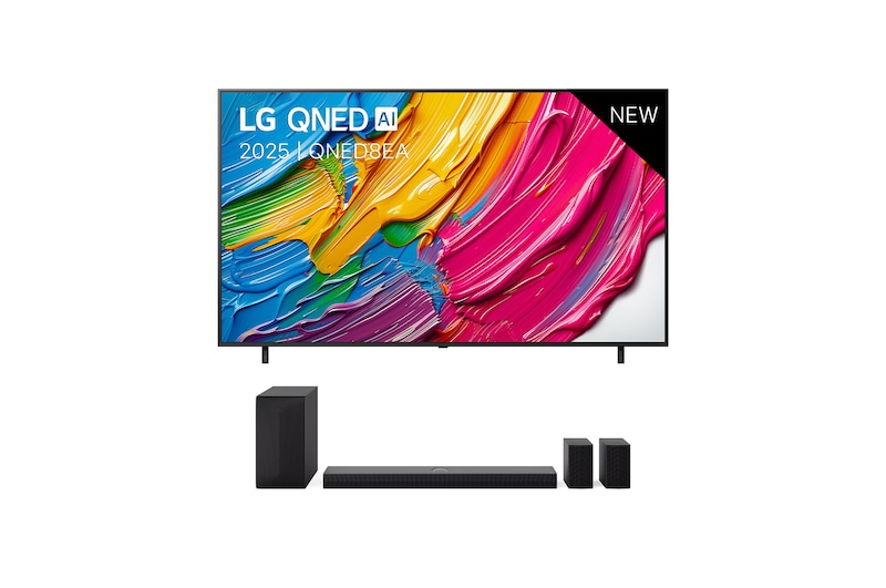 Vooraanzicht van 75 inch LG QNED8E AI 4K Smart TV 2025 & DS70TR 5.1.1-kanaals 75QNED8EA6B.DS70TR