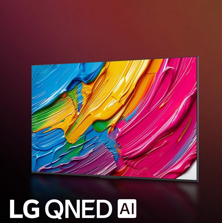 LG QNED TV tegen een kleurrijke donkere achtergrond. Op het scherm staat een helder en kleurrijk kunstwerk dat de kleurentechnologie van QNED laat zien en het vermogen om een breed spectrum aan tinten met een geweldig contrast weer te geven. Het LG QNED AI-logo is zichtbaar. De titel luidt: Elke kleur opnieuw gedefinieerd met dynamische QNED-kleur.