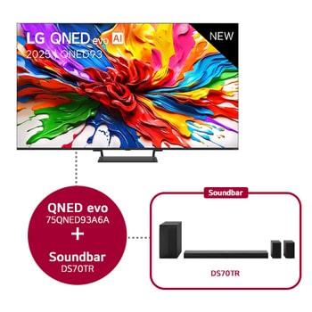 Vooraanzicht van LG QNED evo QNED92 TV, LG QNED evo Al Logo in de bovenhoek. LG QNED evo TV brengt kleurrijke, schilderachtige texturen bij elkaar.