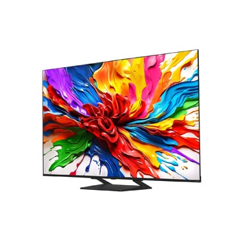 Vooraanzicht en zijaanzicht van LG QNED evo AI QNED92 4K Smart TV die de lengte-, breedte-, hoogte- en diepteafmetingen weergeven.