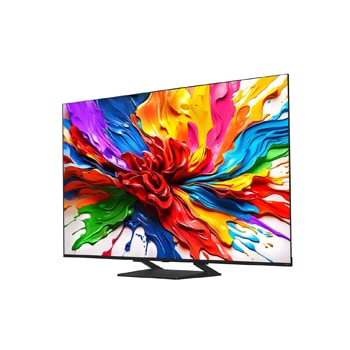 Vooraanzicht en zijaanzicht van LG QNED evo AI QNED92 4K Smart TV die de lengte-, breedte-, hoogte- en diepteafmetingen weergeven.