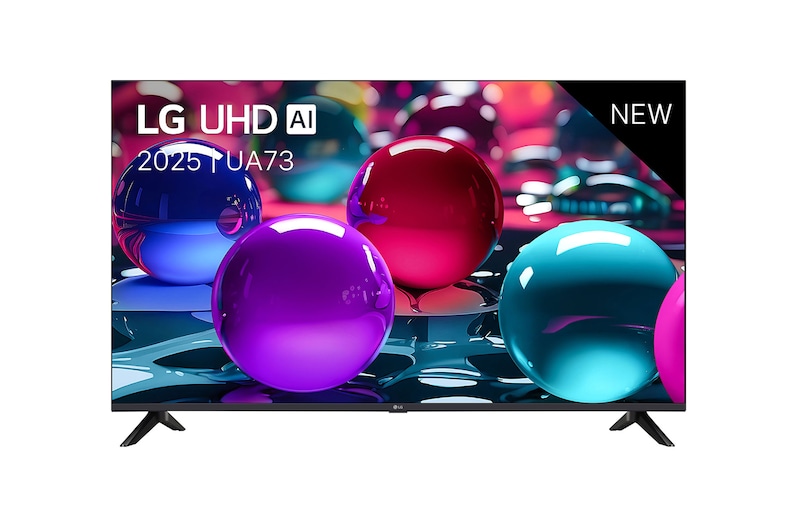 Vooraanzicht van UHD UA73 TV, LG UHD Al-logo in de bovenhoek. LG UHD TV brengt kleurrijke, schilderachtige texturen bij elkaar.