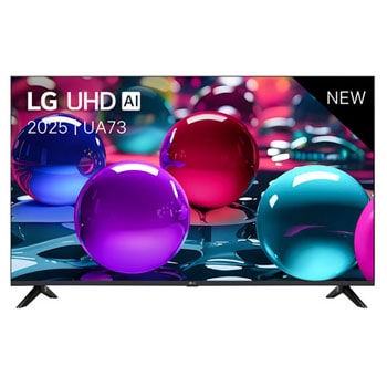 Vooraanzicht van UHD UA73 TV, LG UHD Al-logo in de bovenhoek. LG UHD TV brengt kleurrijke, schilderachtige texturen bij elkaar.