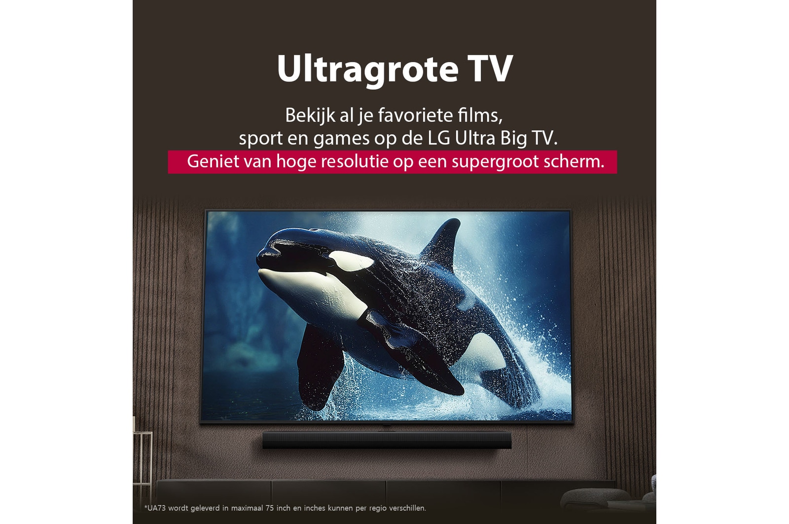 LG TV met een indrukwekkend groot scherm aan de muur boven een LG Soundbar in een moderne woonkamer.