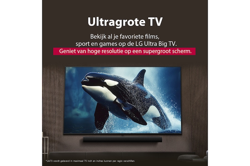 LG TV met een indrukwekkend groot scherm aan de muur boven een LG Soundbar in een moderne woonkamer.
