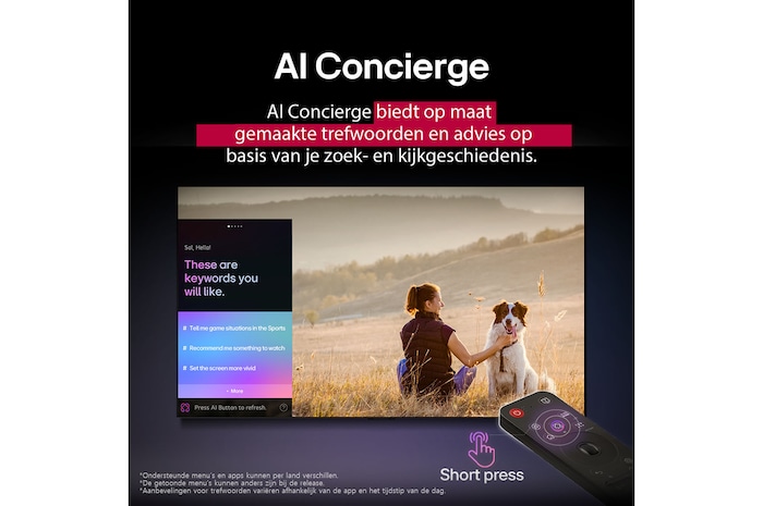 LG AI Magic Remote voor een LG TV-scherm. Op het scherm staat een persoonlijke begroeting van de LG AI met aangepaste trefwoorden op basis van de zoek- en kijkgeschiedenis van de gebruiker. Bij de afstandsbediening staat een pictogram en een label die aangeven dat de AI Concierge-functie eenvoudig toegankelijk is door kort op de AI-knop te drukken.