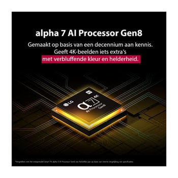 De alpha 7 AI Processor Gen8 licht geel op en er schieten kleurrijke lichtstralen uit. De titel vertelt hoe de processor 4K-kwaliteit, verbluffende kleuren en helderheid levert.