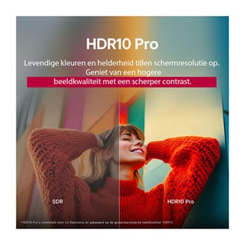 Een foto van een meisje in een rode trui in tweeën gedeeld om de linkerkant in SDR en de rechterkant in HDR10 Pro weer te geven. De rechterkant van de afbeelding is scherper en contrastrijker dan de linkerkant van de afbeelding. De titel beschrijft hoe HDR10 Pro een hogere beeldkwaliteit en een scherper contrast biedt.