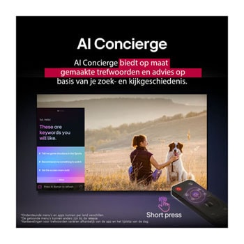 LG AI Magic Remote voor een LG TV-scherm. Op het scherm staat een persoonlijke begroeting van de LG AI met aangepaste trefwoorden op basis van de zoek- en kijkgeschiedenis van de gebruiker. Bij de afstandsbediening staat een pictogram en een label die aangeven dat de AI Concierge-functie eenvoudig toegankelijk is door kort op de AI-knop te drukken.