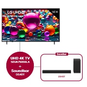 Vooraanzicht van 50 inch LG UHD AI UA75 4K Smart TV 2025 & DS40T 2.1 kanaal 50UA75006LA.DS40T