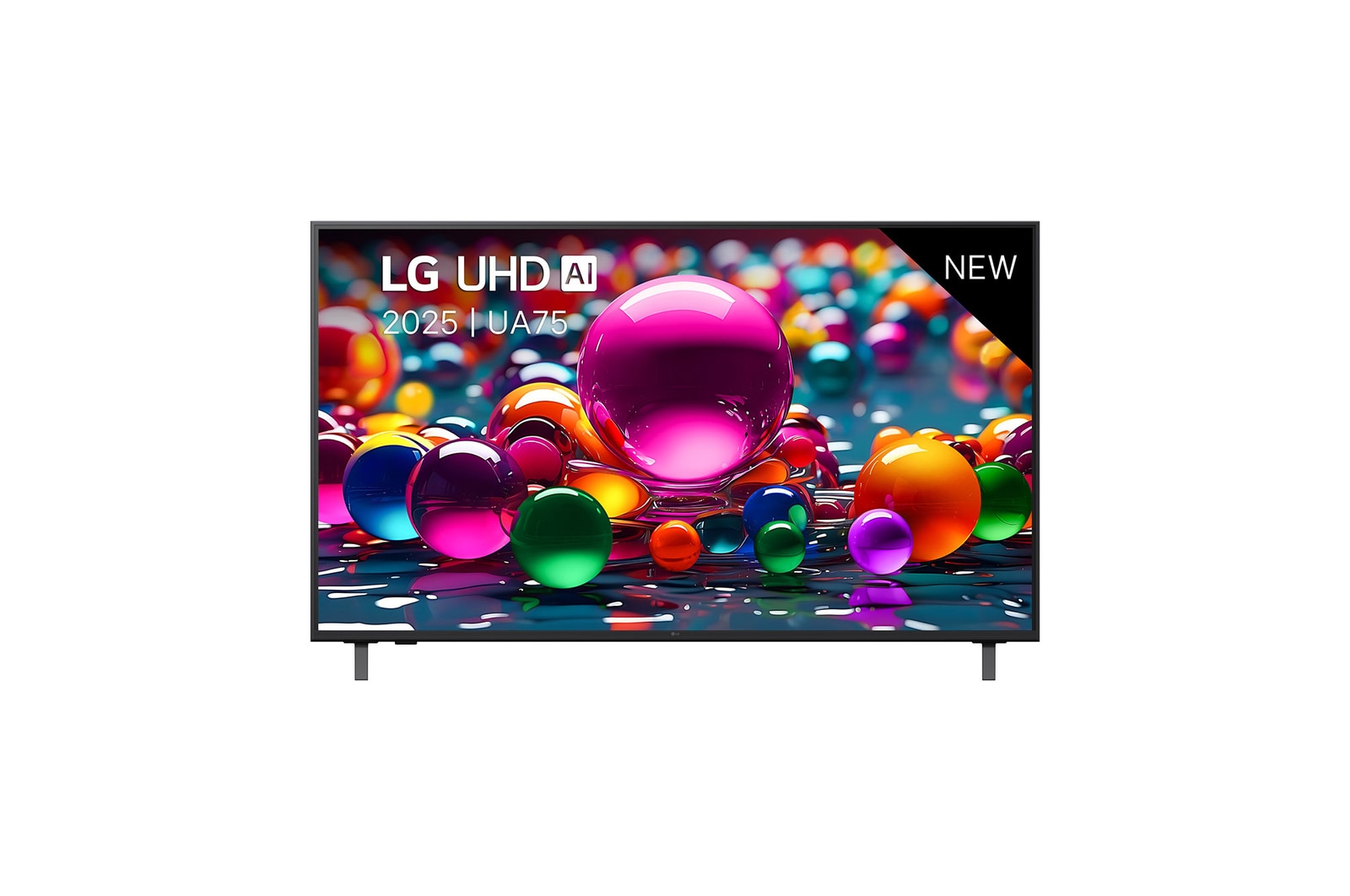 Front view of UHD UA75 TV, LG UHD Al Logo on the top corner. LG UHD TV depicts colorful paintike textures coming together.