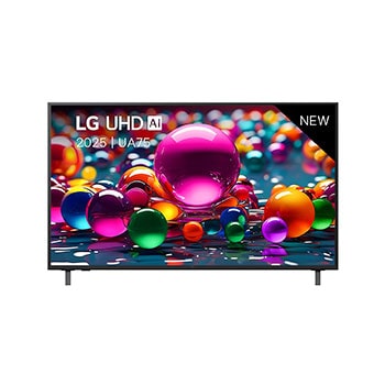 Front view of UHD UA75 TV, LG UHD Al Logo on the top corner. LG UHD TV depicts colorful paintike textures coming together.
