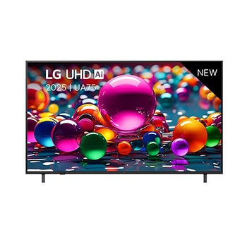 Vooraanzicht van UHD UA75 TV, LG UHD Al-logo in de bovenhoek. LG UHD TV brengt kleurrijke, schilderachtige texturen bij elkaar.