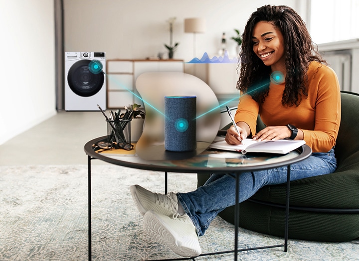 A woman controlling the LG dryer with voice assistant