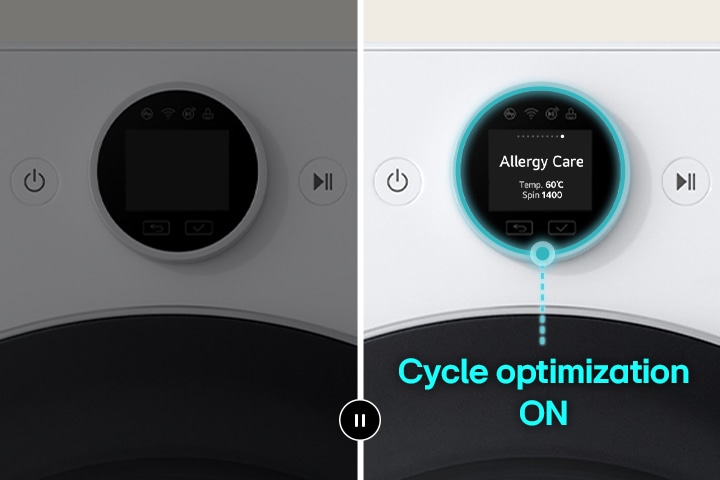 Als de functie voor Cyclus-optimalisatie wordt uitgeschakeld. wordt de voeding aangezet en zal de wasfunctie van de ene naar de volgende overgaan. Nadat er wordt gestopt bij het Allergy Care-scherm, zal Cyclus-optimalisatie worden ingeschakeld en wordt een optie automatisch ingeschakeld in het gedeelte Allergy Care.	
