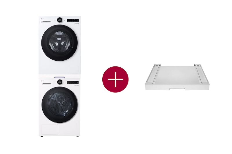 Vooraanzicht van 9kg Wasmachine F4WX809Y + 9kg Warmtepompdroger RT90X8 + Tussenstuk Wasmachine/Droger Wit DK2W F4WX809Y.DK2W001