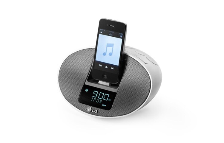 LG IPhone(4)/iPod mini docking station met 3W vermogen, Front Punching Metal Design, Portable in en Radio-/Alarm-/Klokfunctie., PA36