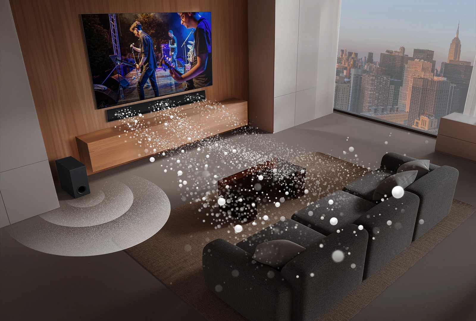 LG Soundbar, LG TV und ein Subwoofer befinden sich in einem Wohnzimmer in einem Wolkenkratzer und spielen eine Musikaufführung. Drei Zweige weißer, aus Tröpfchen bestehender Schallwellen ragen aus der Soundbar und ein Subwoofer erzeugt einen Klangeffekt von unten. Dolby Atmos-Logo DTS X-Logo	