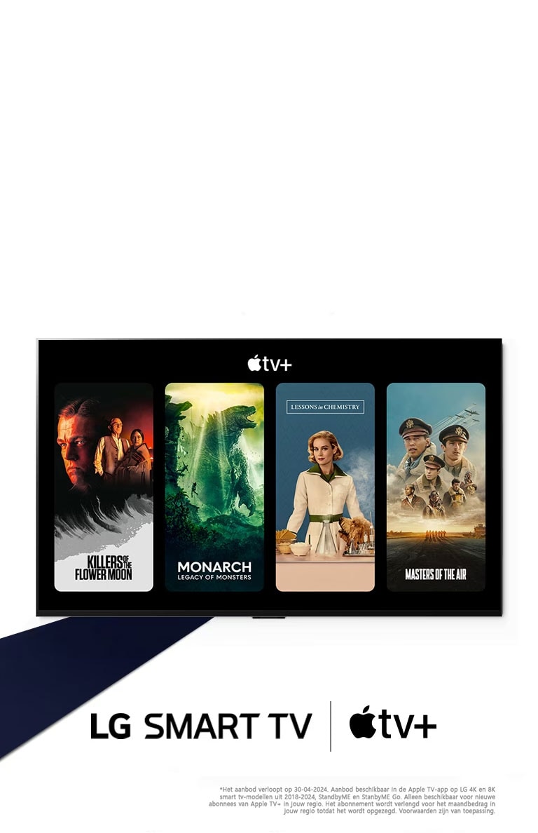 Een afbeelding van LG OLED TV. De inhoud van Apple TV+ staat op het scherm en de kop is 'Krijg drie maanden gratis Apple TV+ met LG Smart TV's'.