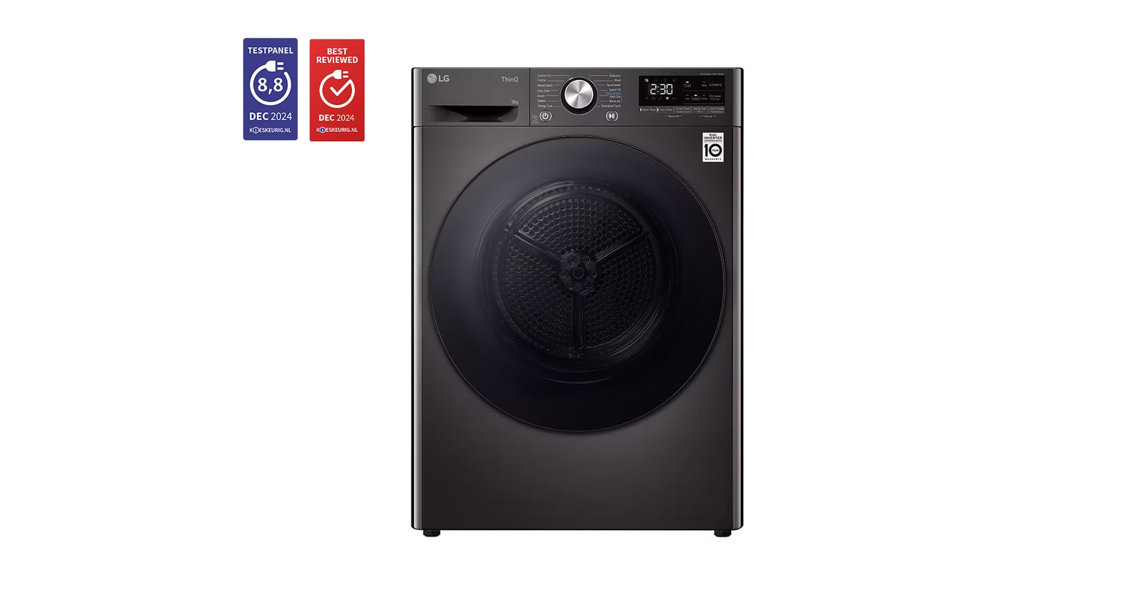 Voorkant van 9kg DUAL Inverter Warmtepomp Droger Zwart |Eco Hybrid™ | Allergy Care™ | Auto Cleaning Condenser - RH90V9ZVEN