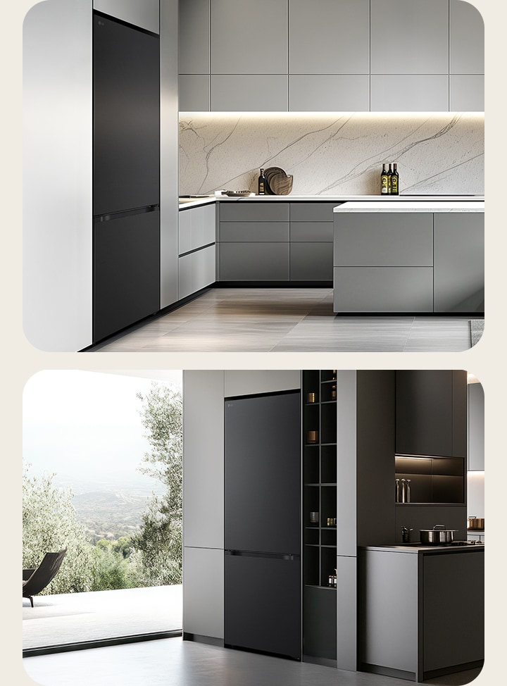LG bodemvriezer GBBSJ10DSW links in lichte kasten met marmeren achterwand en open planken.
