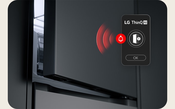 Bovendeur LG bodemvriezer GBBSJ10DSW op een kier met rood golfbeeld en open‑deur waarschuwing.