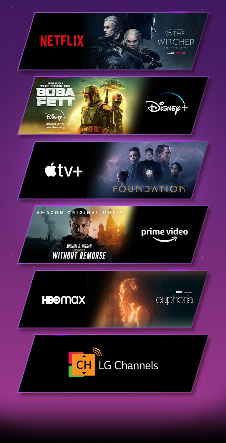 Er zijn zes beeldblokken - elk met een logo en beeldmateriaal. Netflix-logo met The Witcher, Disney plus-logo met Boba fett, Apple TV plus-logo met Foundation, Prime video-logo met Without Remorse, HBO max-logo met Euphoria, en LG Channels-logo en logo alleen.  