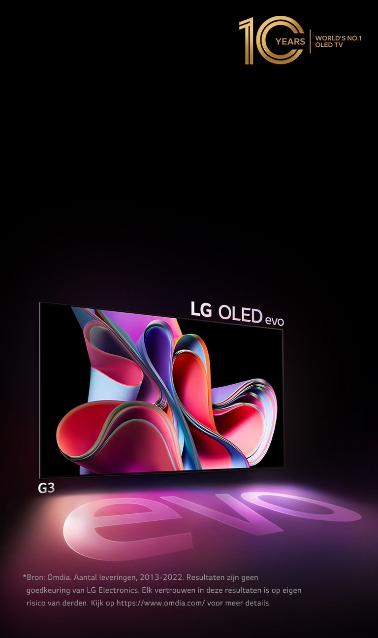 Een afbeelding van de LG OLED G3 tegen een zwarte achtergrond met een helder roze en paars abstract kunstwerk. Het display werpt een kleurrijke schaduw met daarop het woord &quot;evo.&quot; Het embleem &quot;10 jaar nummer 1 OLED TV ter wereld&quot; staat linksboven in de afbeelding. 