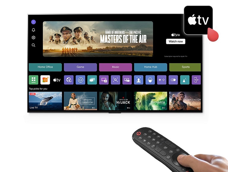 Een afbeelding van het web OS van LG Smart TV. Op de web OS-pagina staat een Apple TV+ app-icoon.