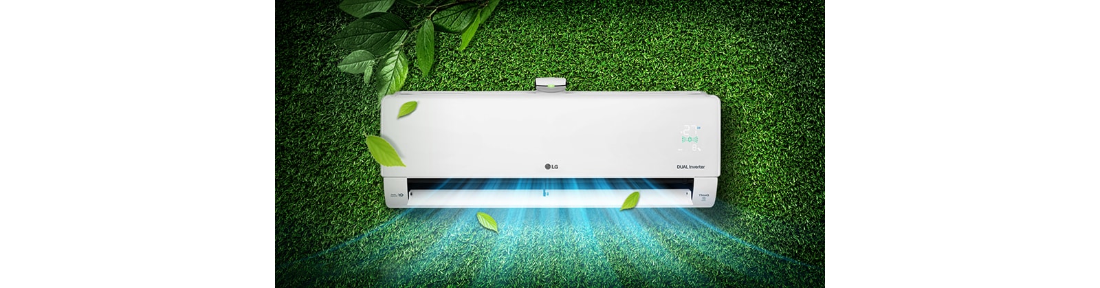 een airconditioner die koele lucht blaast op groen gras