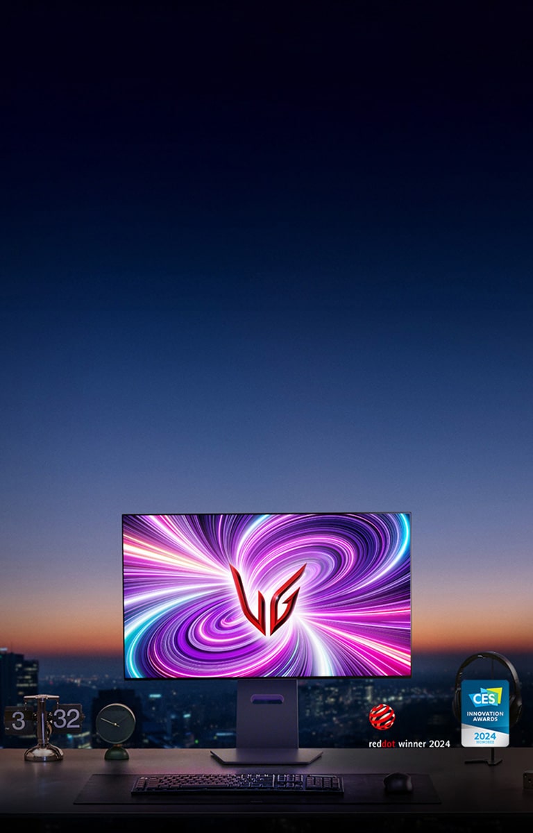 Een afbeelding van de gamingopstelling van de LG UltraGear OLED gamingmonitor 32GS95UE.	