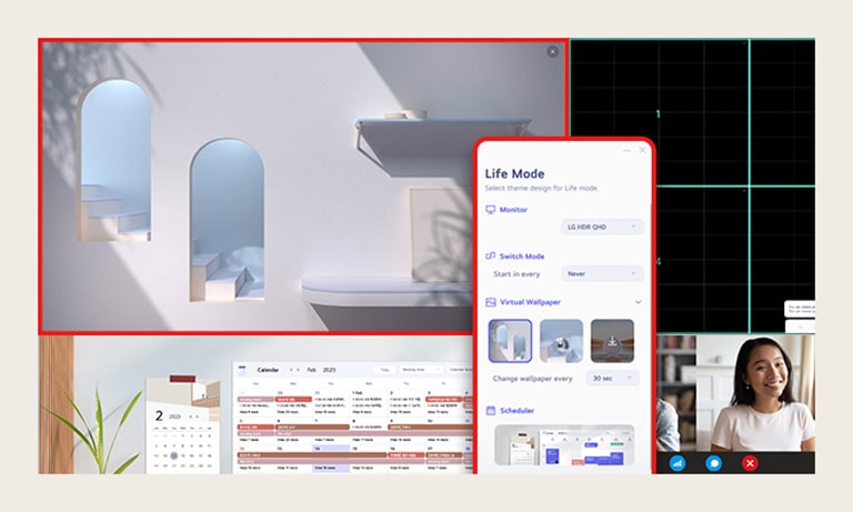 De LG Switch-app helpt de monitor te optimaliseren voor een efficiënte werkomgeving, zoals het verdelen van het scherm in zes gebieden, het beheren van planningen of het eenvoudig starten van het platform voor videogesprekken met behulp van toegewezen sneltoetsen.