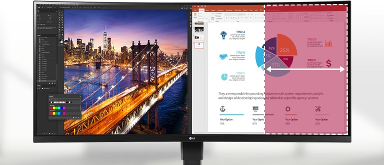 Het UltraWide™ WQHD-scherm (resolutie 3440 x 1440, beeldverhouding 21:9) weergeeft verschillende programma's op hetzelfde moment.