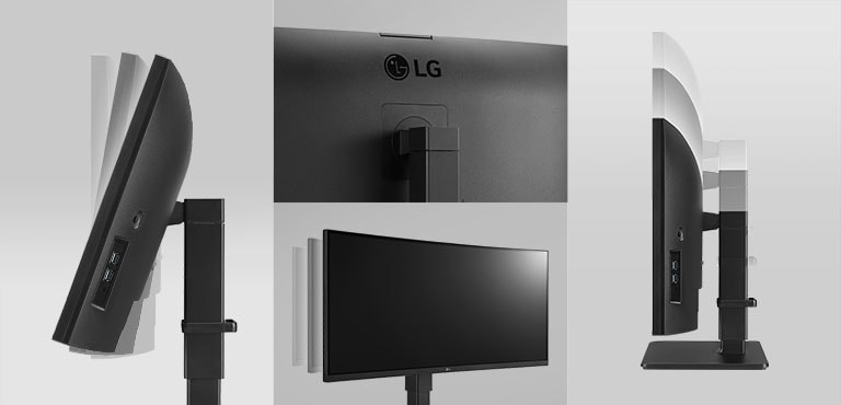 De monitor in ergonomisch ontwerp met kantel-, draai- en hoogteverstelling en een one click stand.