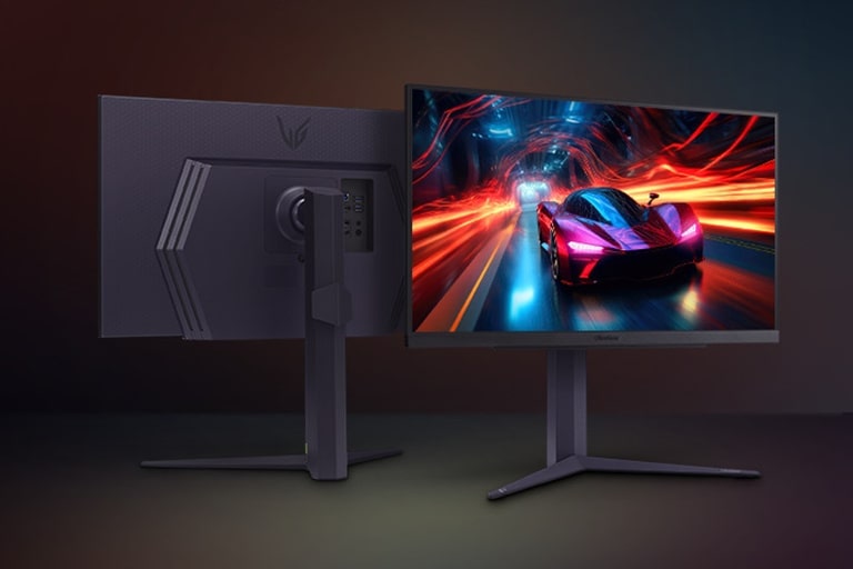 Twee beelden van de voor- en achterkant van de monitor.