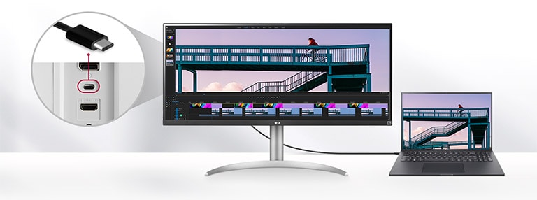 LG 34WQ650 is voorzien van een USB Type-C™-poort die DisplayPort Alt Mode ondersteunt. Met slechts één USB Type-C™-kabel kunnen volledige DisplayPort-beeldsignalen worden overgezet naar een extern beeldscherm zonder speciale weergavekabels of actieve adapters.