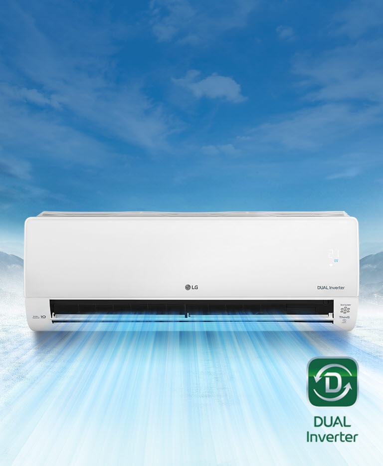 Er is een besneeuwd berglandschap op de achtergrond. Het vooraanzicht van de airconditioner is op de voorgrond en de lucht blaast uit het apparaat. Het LG-logo bevindt zich in het midden van het apparaat, terwijl het Dual Inverter-logo, het ThinQ-logo en het Dual Inverter 10 Year Warranty-logo aan de zijkanten van de voorkant zichtbaar zijn. Het luchtkwaliteitspaneel brandt aan de rechterkant in het groen. Het Dual Inverter-logo staat in de rechter benedenhoek.