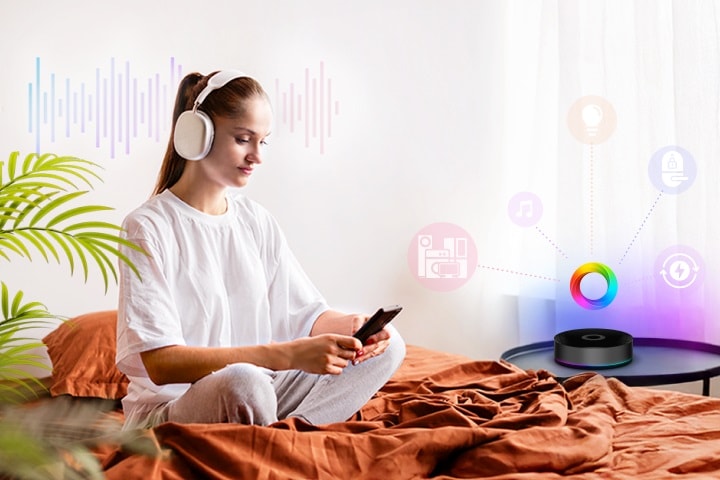 Een afbeelding van Homey-app in een comfortabele positie en de Homey Hub en IOT-producten die verbinding maken.