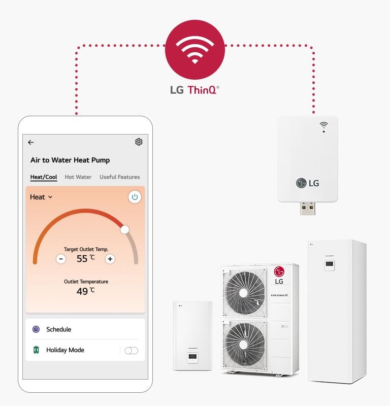 alt="A smartphone showing the WiFi signal sits on the left, connected to an LG air to water heat pump hydrosplit on the right via a dotted line."