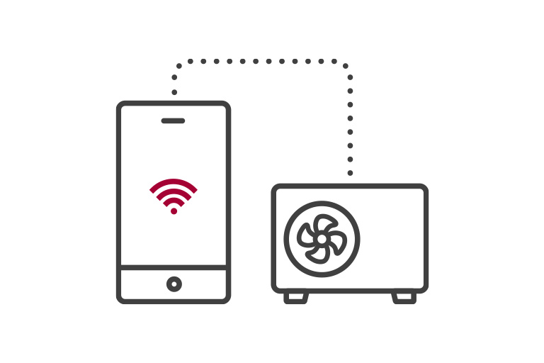 A smartphone showing the WiFi signal sits on the left, connected to an LG air to water heat pump monobloc outdoor unit on the right via a dotted line.