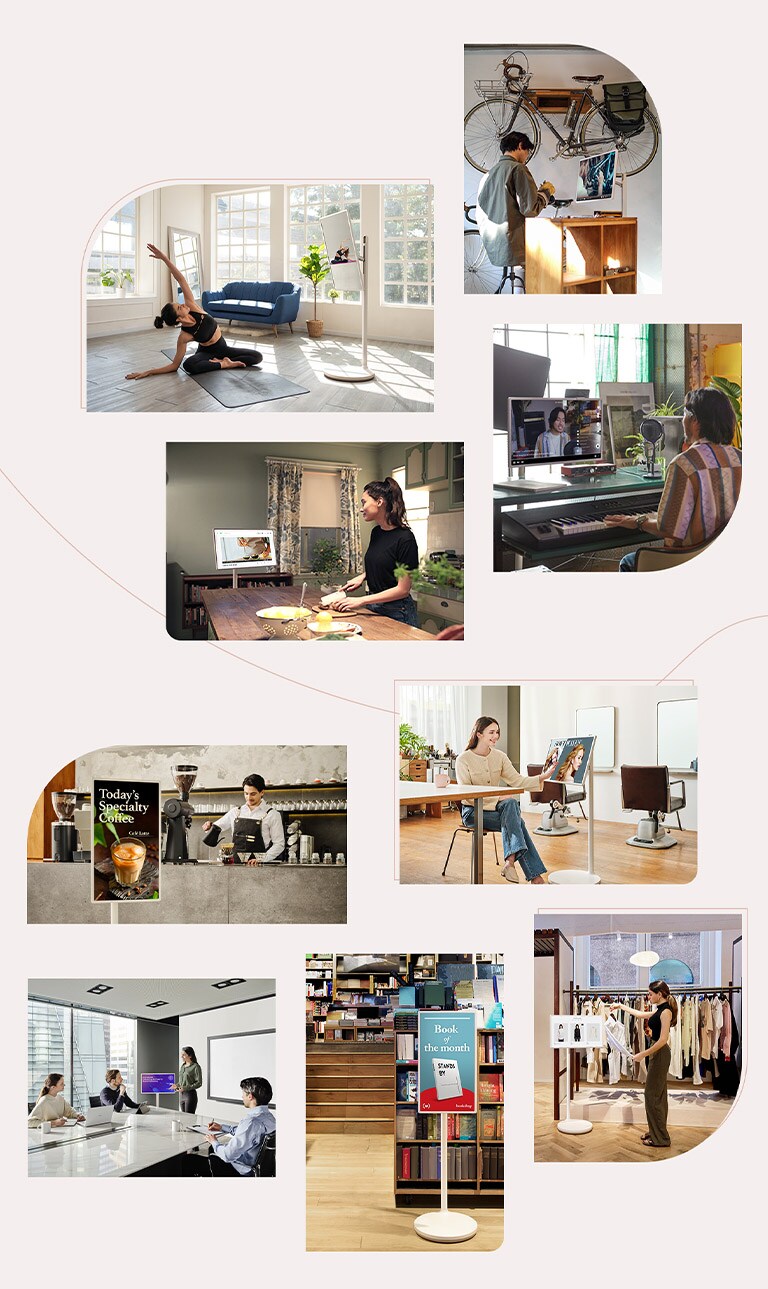 Er zijn 9 collages van lifestylebeelden van mensen die verschillende activiteiten doen terwijl ze tv kijken - een vrouw doet yoga terwijl ze een yogatutorial bekijkt, een man repareert zijn fiets terwijl hij een tutorial bekijkt, een andere man streamt zichzelf terwijl hij zingt en een vrouw kookt terwijl ze een receptenvideo bekijkt. Er zijn ook 5 beelden van gebruik in commerciële ruimtes.