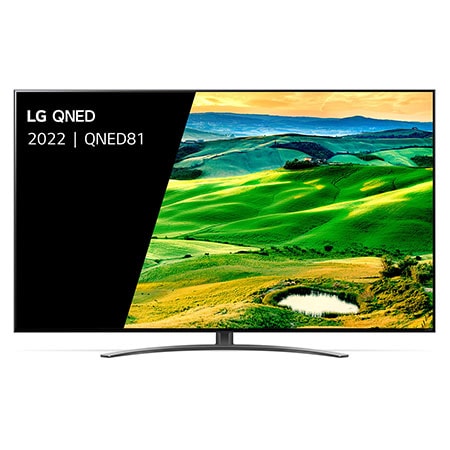 Een vooraanzicht van de LG QNED TV met invulbeeld en productlogo op