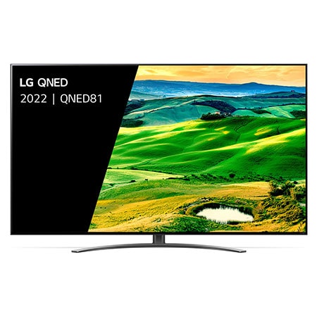 Een vooraanzicht van de LG QNED TV met invulbeeld en productlogo op