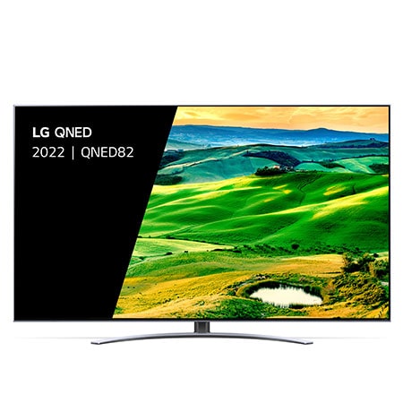 Een vooraanzicht van de LG QNED TV met invulbeeld en productlogo op