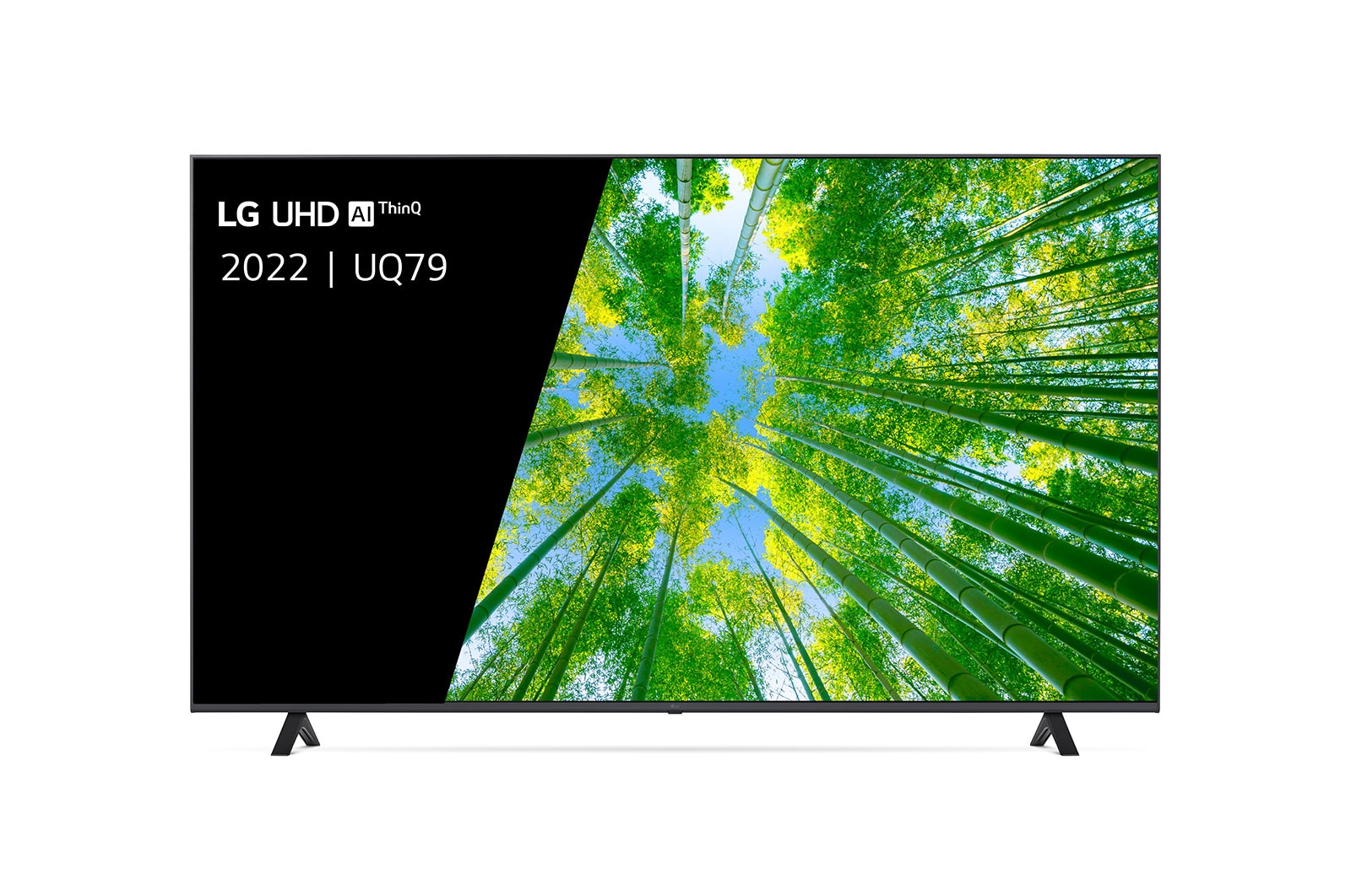Een vooraanzicht van de LG UHD TV met invulbeeld en productlogo op