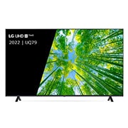 Een vooraanzicht van de LG UHD TV met invulbeeld en productlogo op