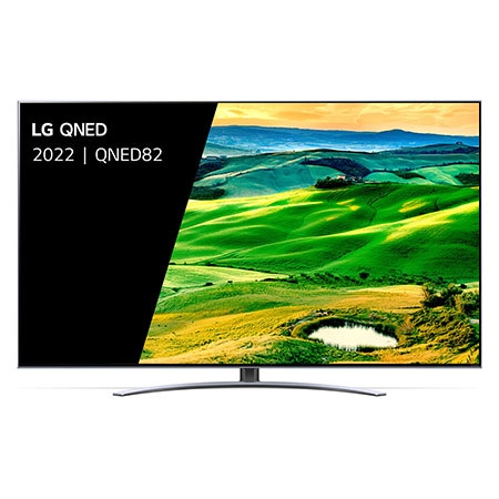 Een vooraanzicht van de LG QNED TV met invulbeeld en productlogo op