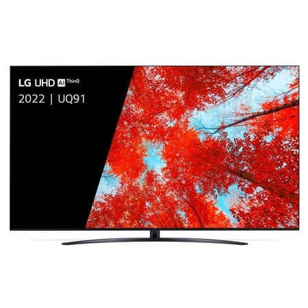 Een vooraanzicht van de LG Full HD TV met infill-afbeelding en productlogo op