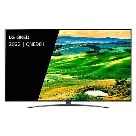 Een vooraanzicht van de LG QNED TV met invulbeeld en productlogo op